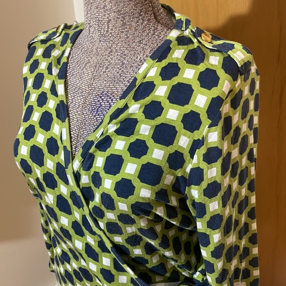 Banana Republic Womens XL Wrap Dress Lime Green Navy White Geometric Pattern - Picture 2 of 9